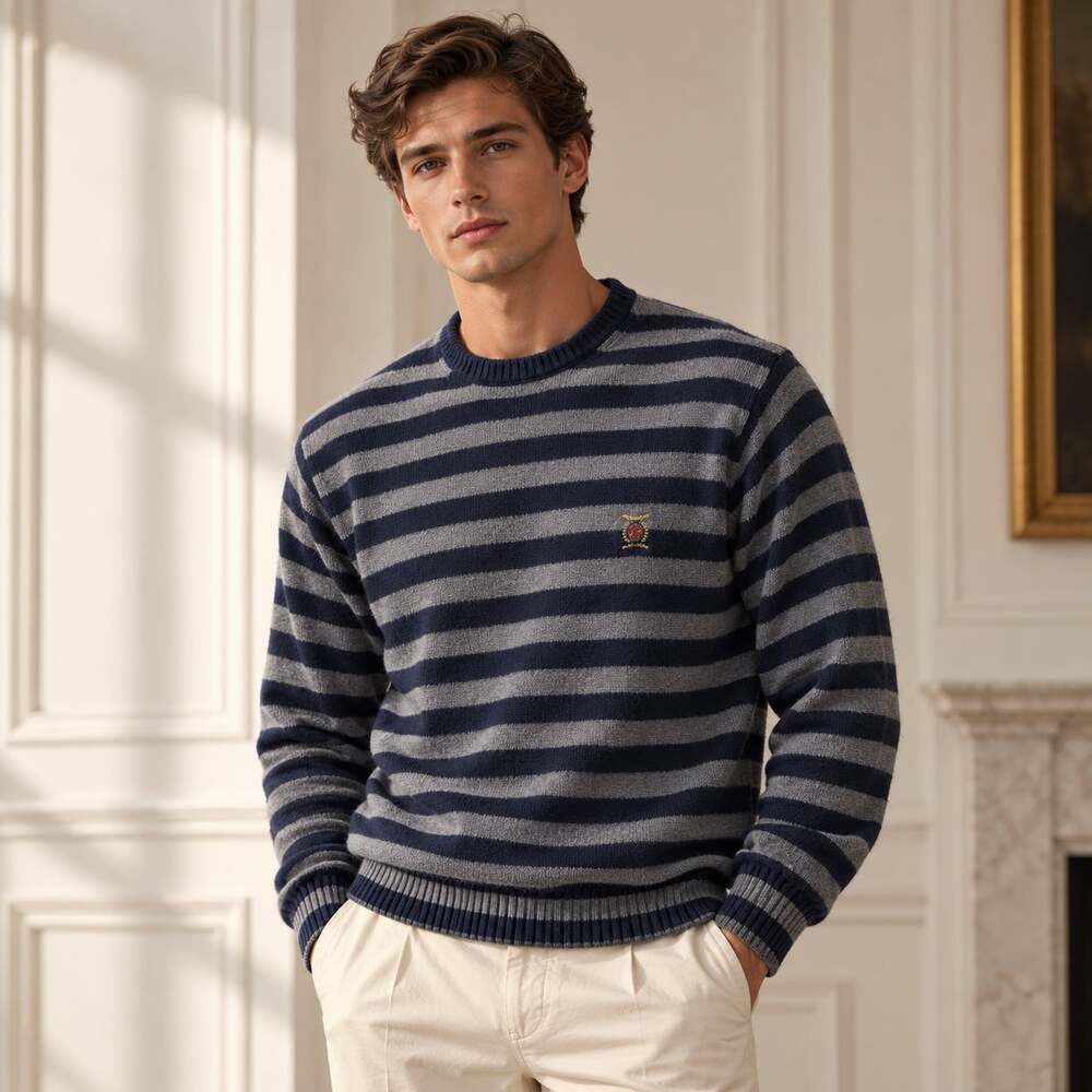 Tommy Hilfiger Striped Knit Sweater Mens L Navy Gray Crewneck Crest Logo